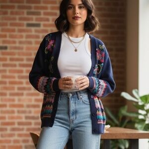 Vintage 1999s Susan Bristol Embroidered‎ Floral Cardigan Sweater Large